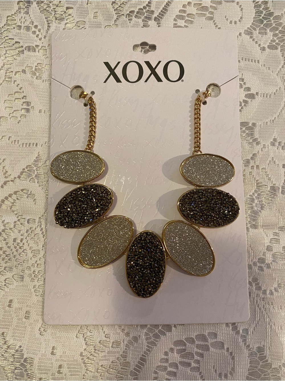 Vintage XOXO Gold-Tone Necklace with Silver and Black Glitter Ovals
